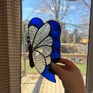Blue and Iridescent Stained Glass Butterfly Suncatcher